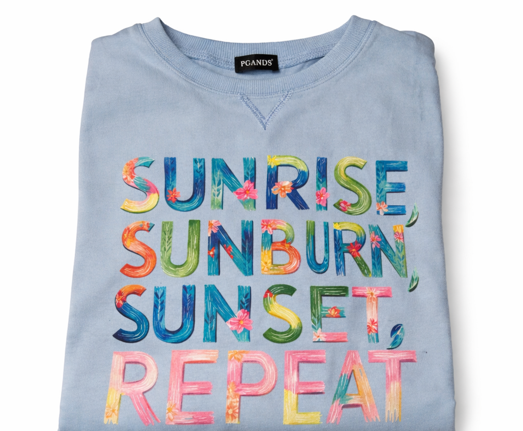 Sunrise Sunburn Sunset Repeat Graphic Sweatshirt | Summer Beach Sweatshirt | Vacation Crewneck | Coastal Vibes Pullover