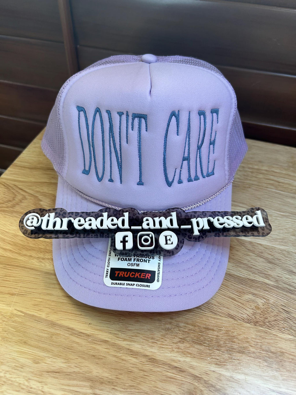 Embroidered Lavender Trucker Hat, "Don't Care" Foam Snapback Summer Cap statement piece