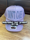 Embroidered Lavender Trucker Hat, "Don't Care" Foam Snapback Summer Cap statement piece
