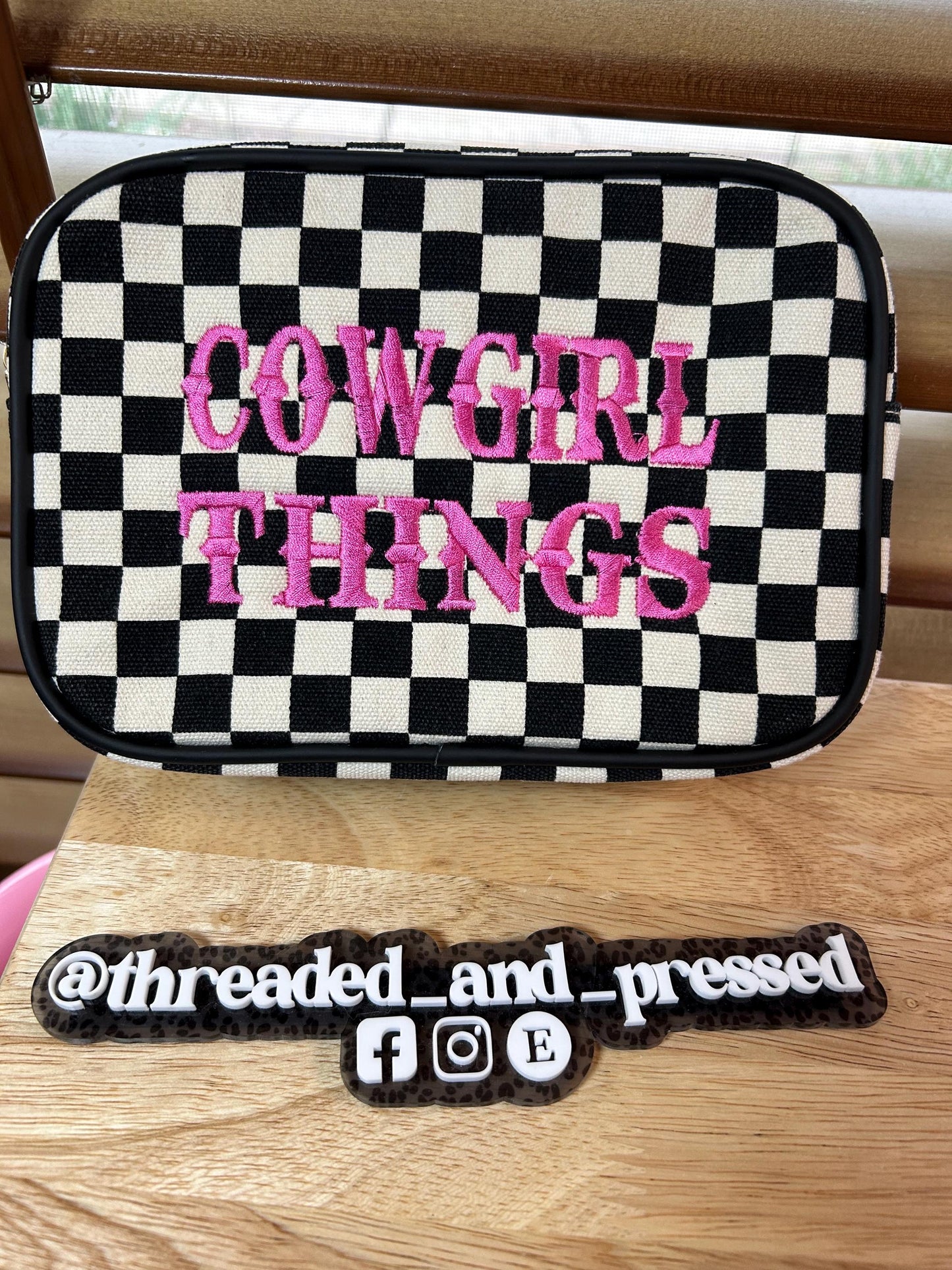 Embroidered Cowgirl Things - checkered pouch - makeup - jewelry - case - teen - mom - daughter - gift- rodeo- horse