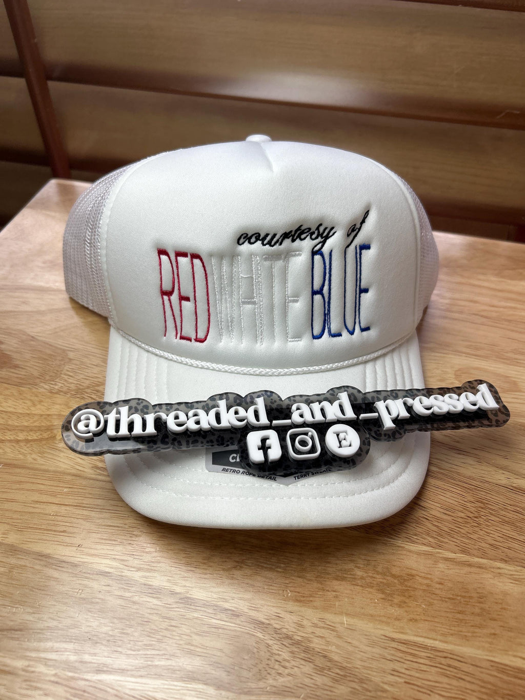 Courtesy of Red White & Blue cap - tall - embroidered hat - simple- 4th of July- USA - American - feminine