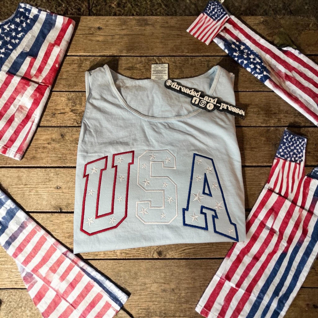 Embroidered USA outline - Tank - America - 4th of July - Summer - Stars- Party