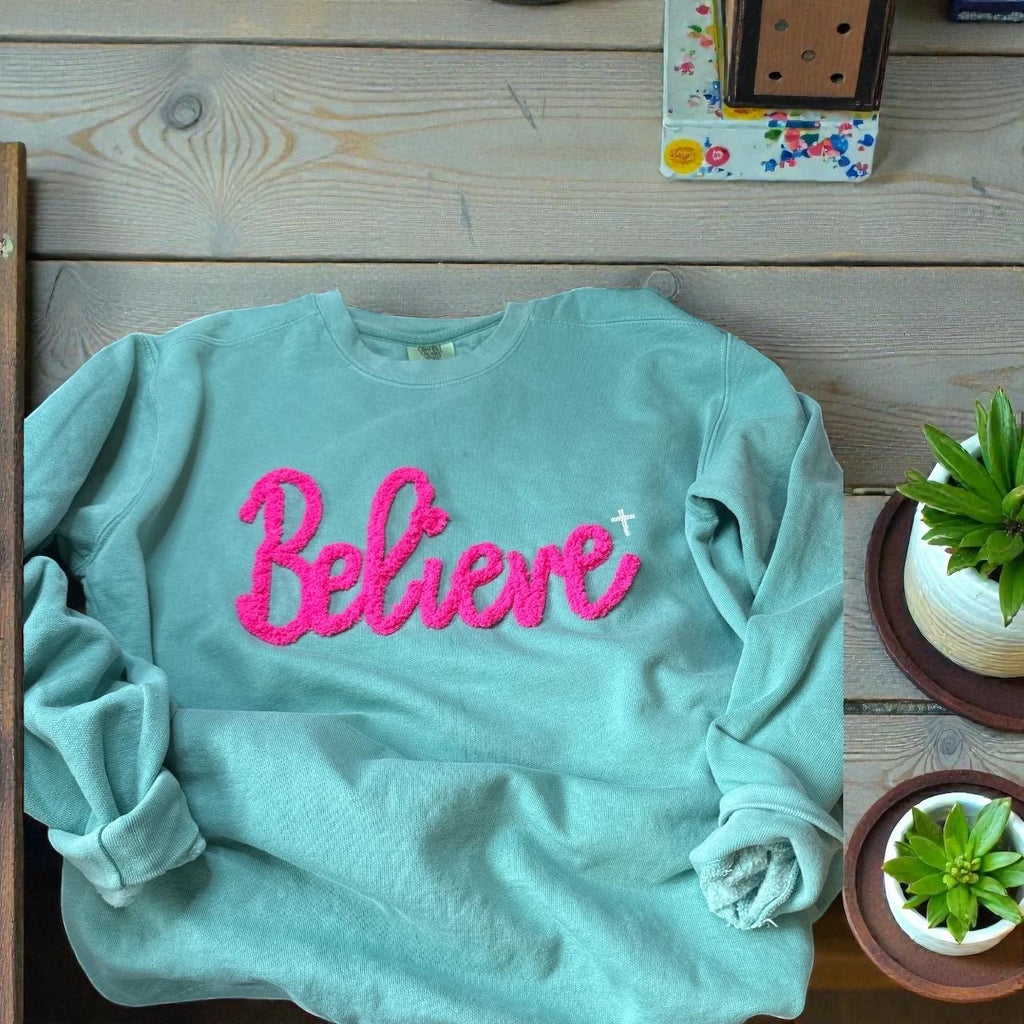 Embroidered Chenille Yarn BELIEVE sweatshirt - cross - God - Faith - T shirt - Jesus