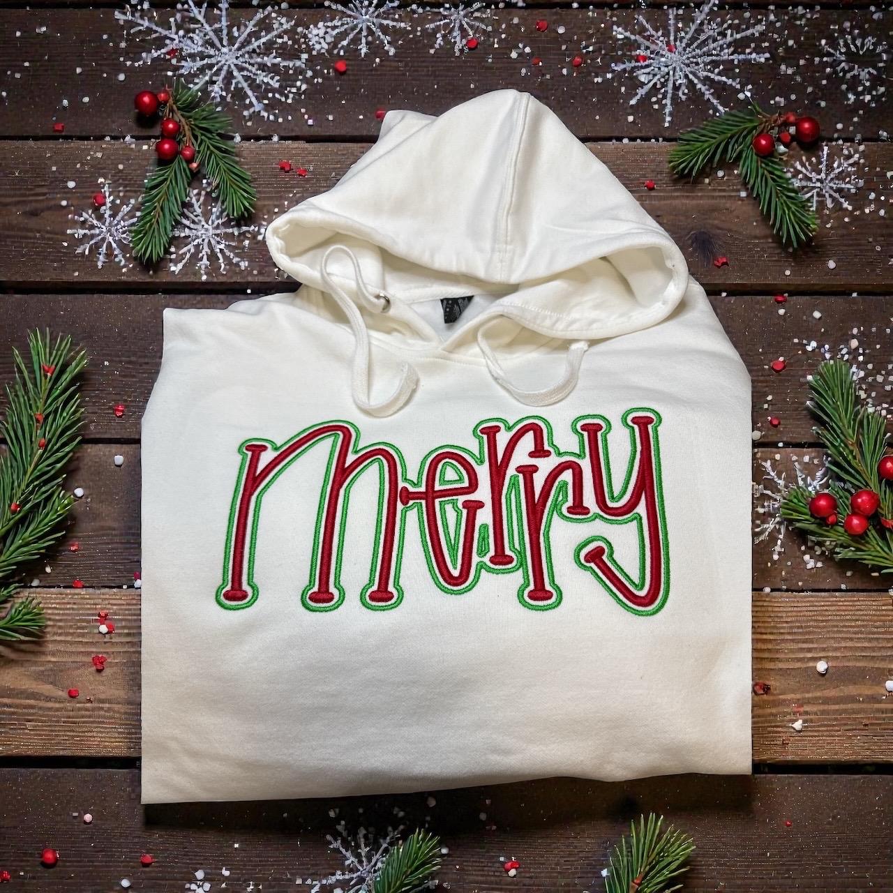 Puff Embroidered -  MERRY - Hoodie - sweatshirt - Christmas - party - Family pictures