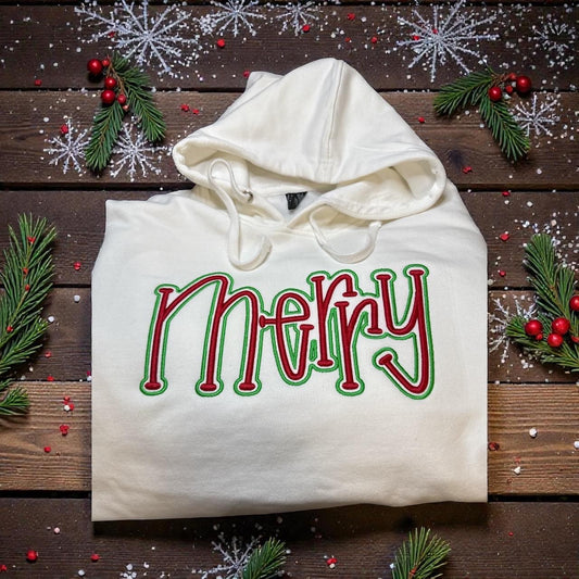 Puff Embroidered -  MERRY - Hoodie - sweatshirt - Christmas - party - Family pictures
