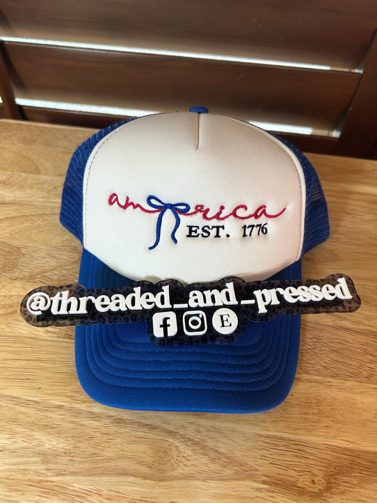 America cap - minimal-  bow - coquette - embroidered hat - simple- 4th of July- USA - American - feminine