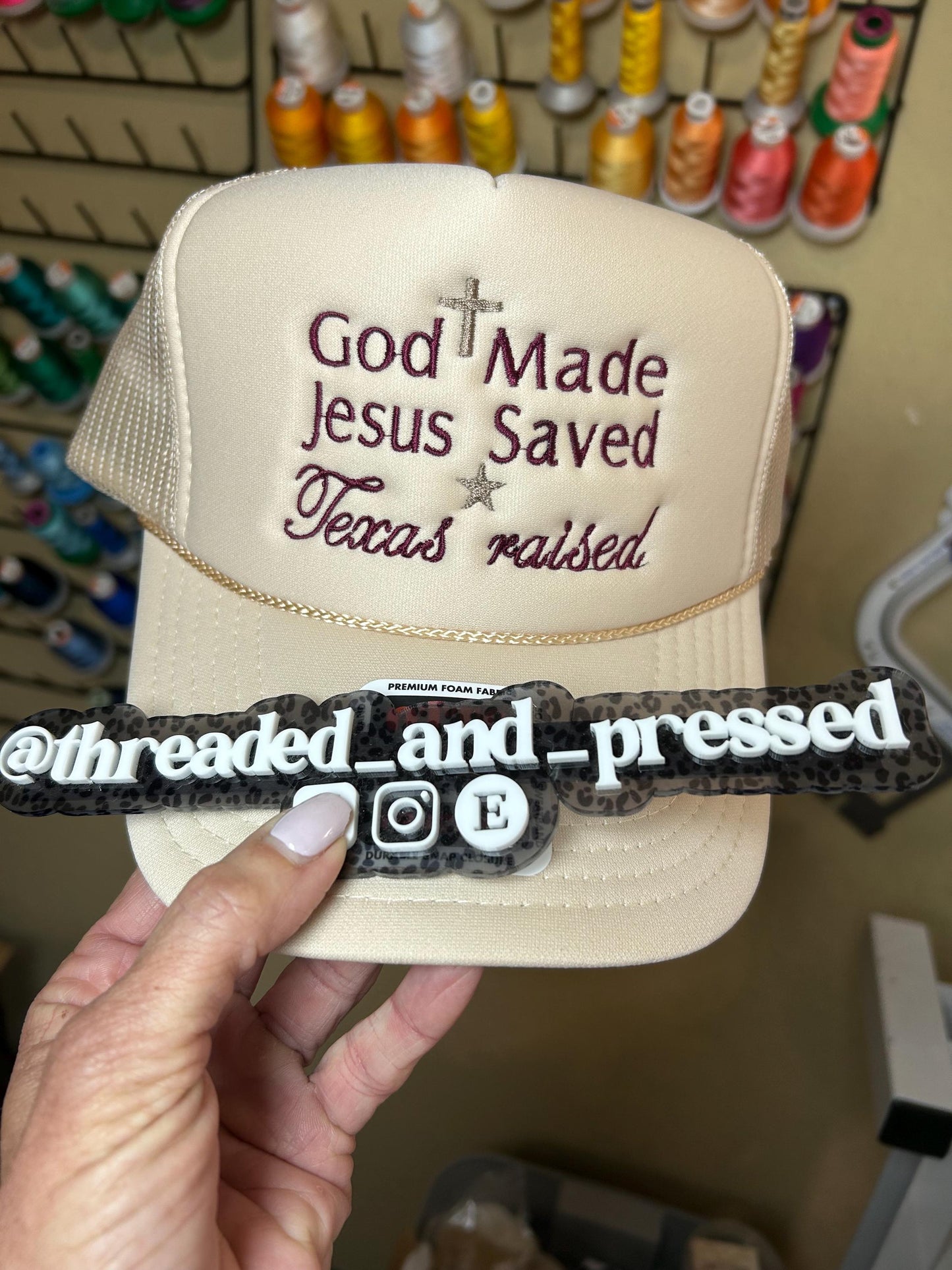 Embroidered God Made - Jesus saved - Texas raised  - Trucker Hat - Foam Cap, Faith - cross - Texan - Lone Star State - statement- Christian