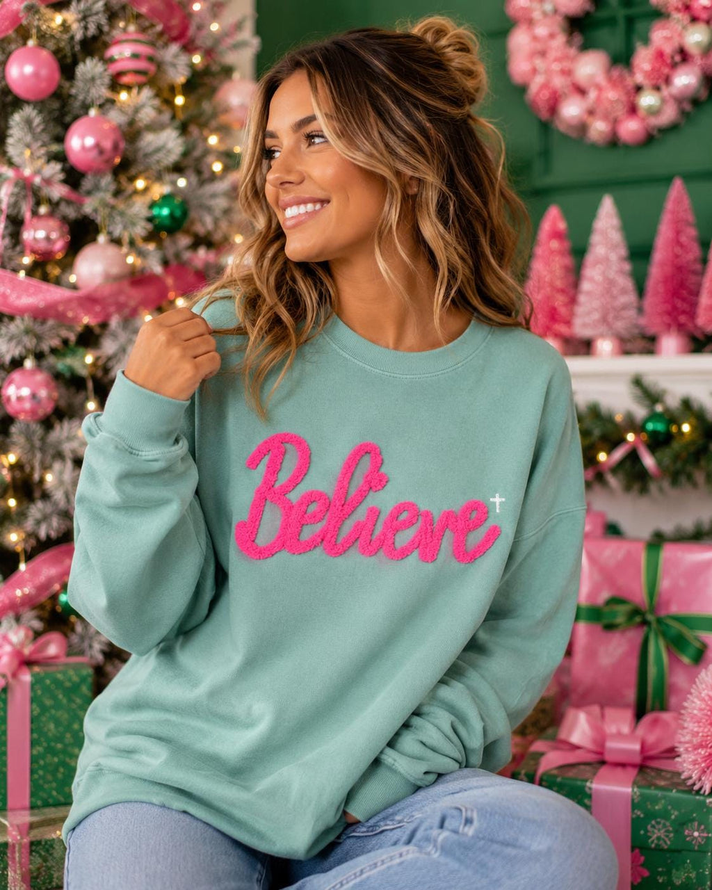 Christian Christmas Sweatshirt - Yarn embroidery - Chenille yarn- Christmas Faith Shirt - Christmas gift for her - Family Christmas shirt