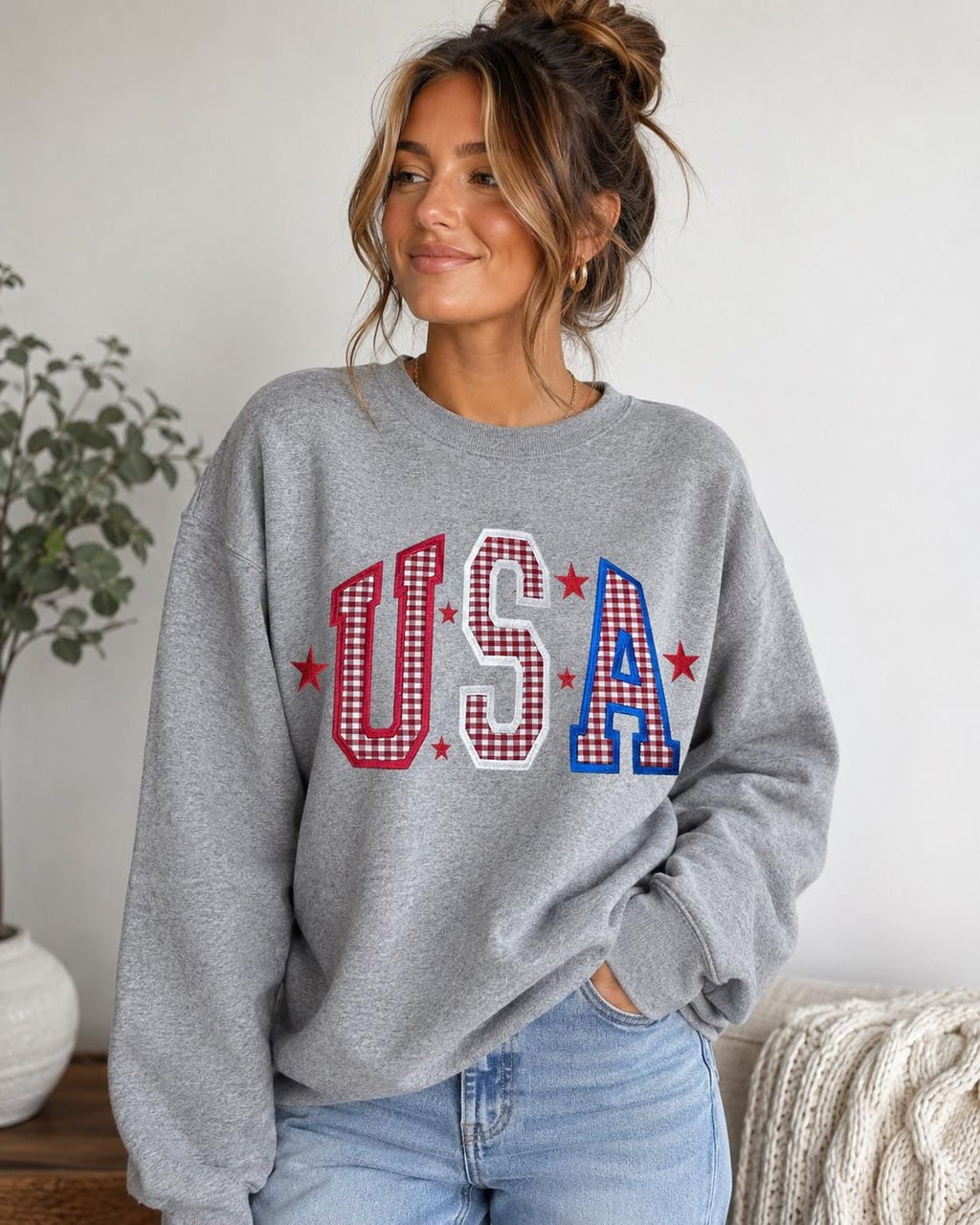 Embroidered USA red gigham top - America - 4th of July - Memorial Day - Red White & Blue - BBQ - Backyard party - Veterans Day -