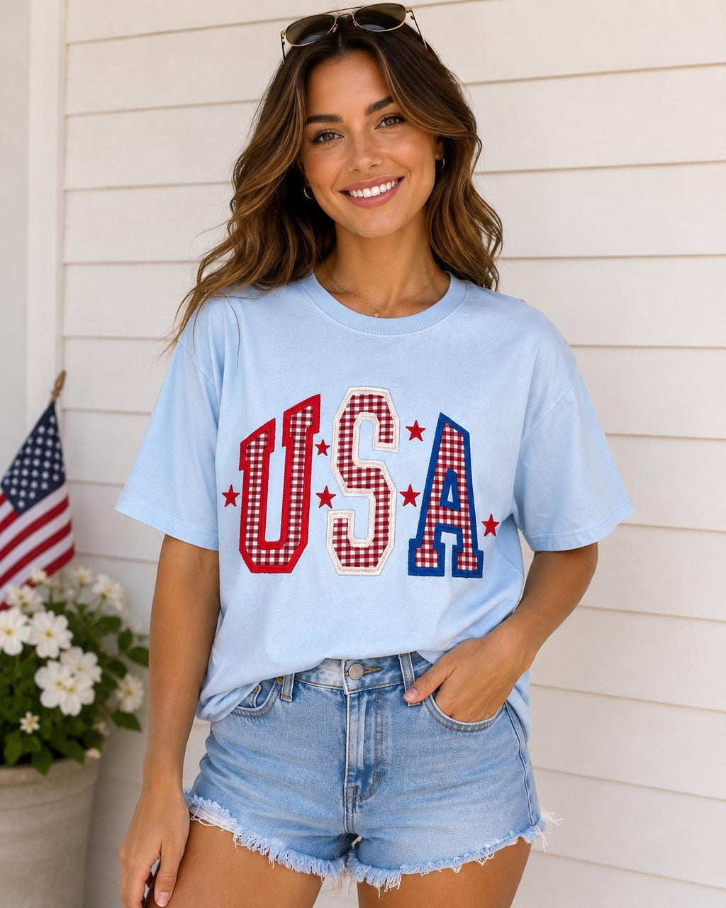 Embroidered USA red gigham top - America - 4th of July - Memorial Day - Red White & Blue - BBQ - Backyard party - Veterans Day -
