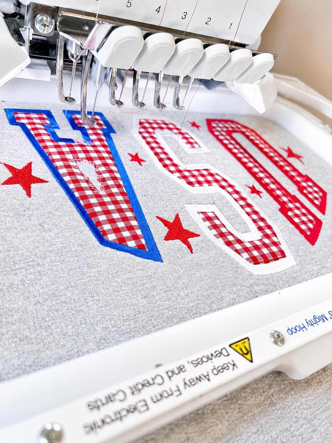 Embroidered USA red gigham top - America - 4th of July - Memorial Day - Red White & Blue - BBQ - Backyard party - Veterans Day -