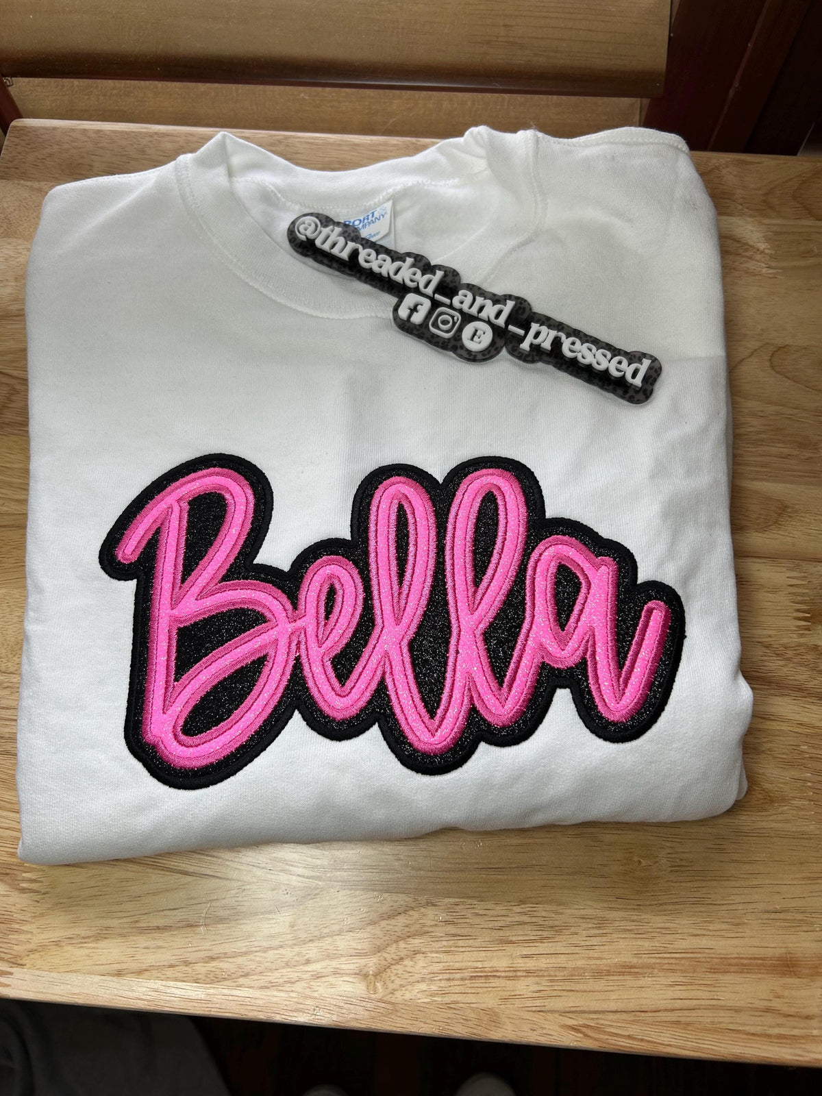 Custom Applique - BELLA - double Glitter Name Embroidered Crewneck Sweatshirt, Girl gift -
