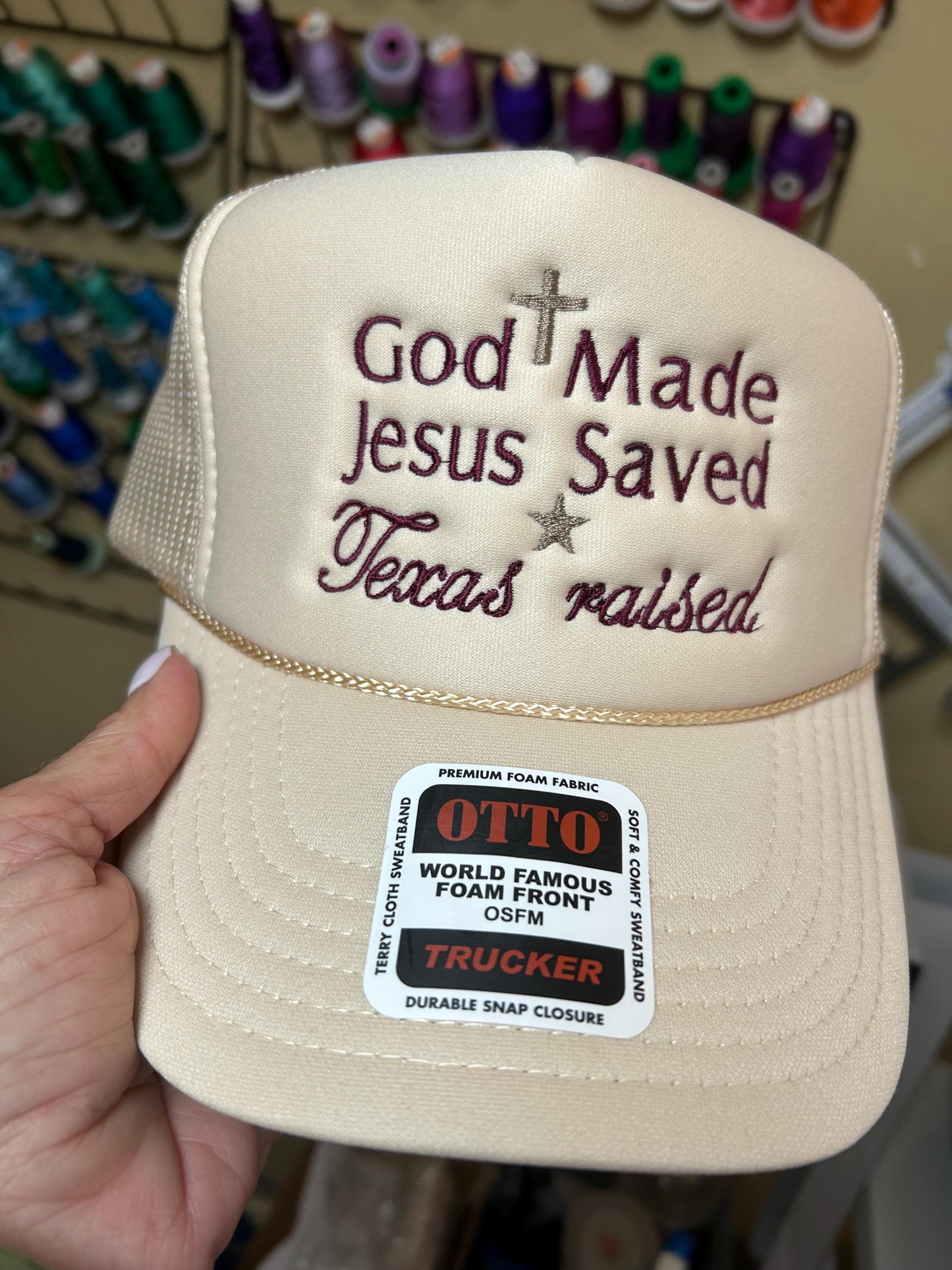 Embroidered God Made - Jesus saved - Texas raised  - Trucker Hat - Foam Cap, Faith - cross - Texan - Lone Star State - statement- Christian