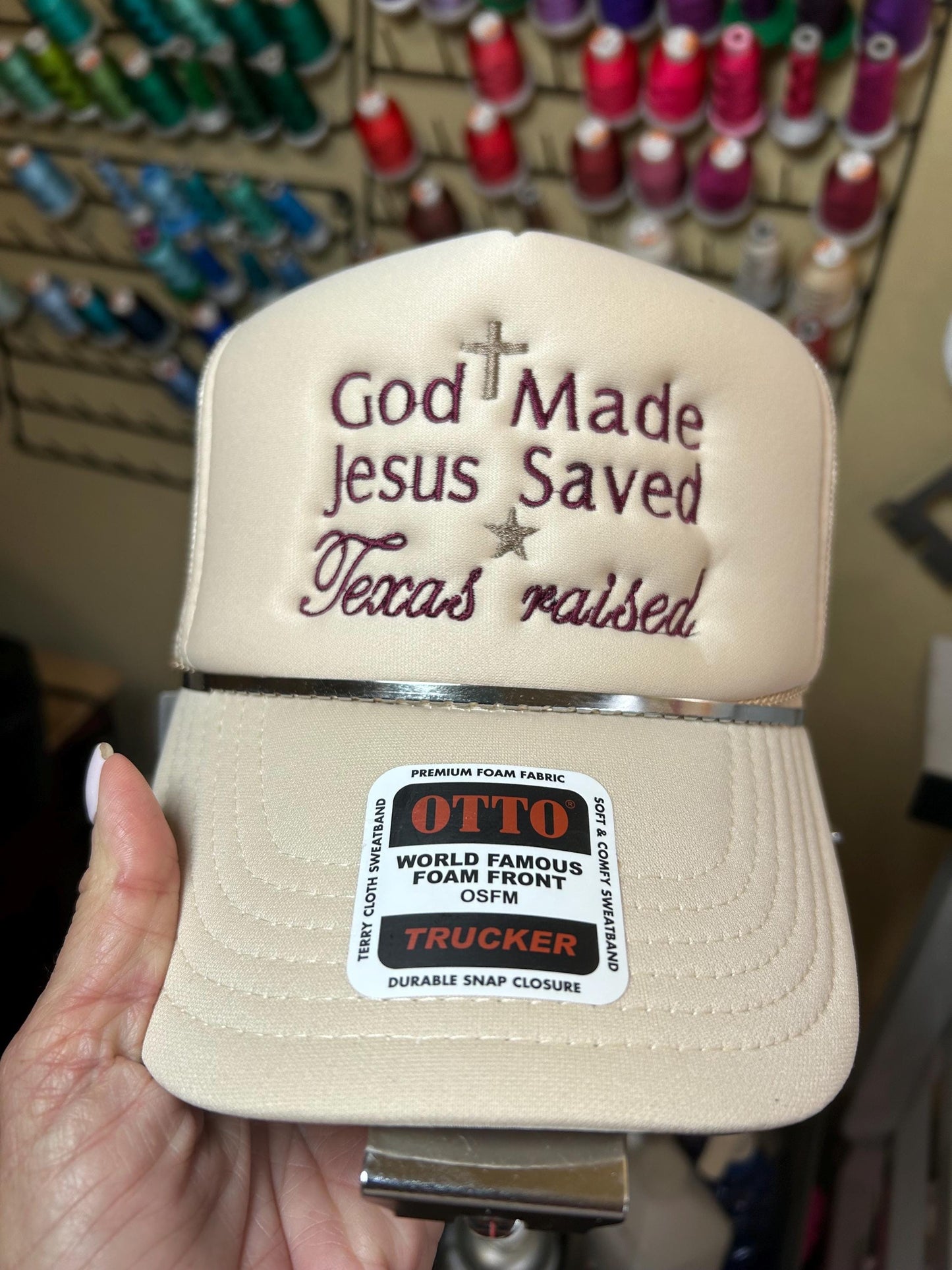 Embroidered God Made - Jesus saved - Texas raised  - Trucker Hat - Foam Cap, Faith - cross - Texan - Lone Star State - statement- Christian