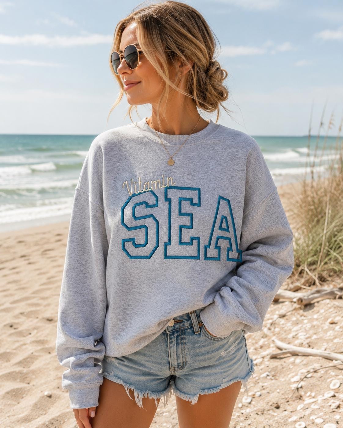 Embroidered Vitamin Sea Sweatshirt - sunshine - Varsity Outline- salt air - salty hair-beach chair- sandy toes - summer vacation- seaside