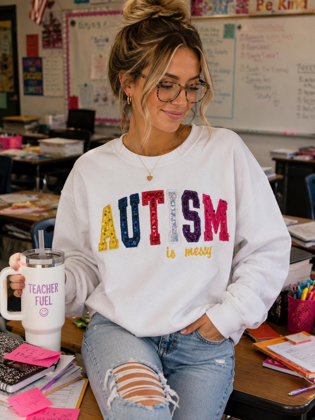 Embroidered Autism Is Messy - top - sequins- sparkles - applique- mom- spectrum - Special education - SPED - Inclusive Education - Teacher