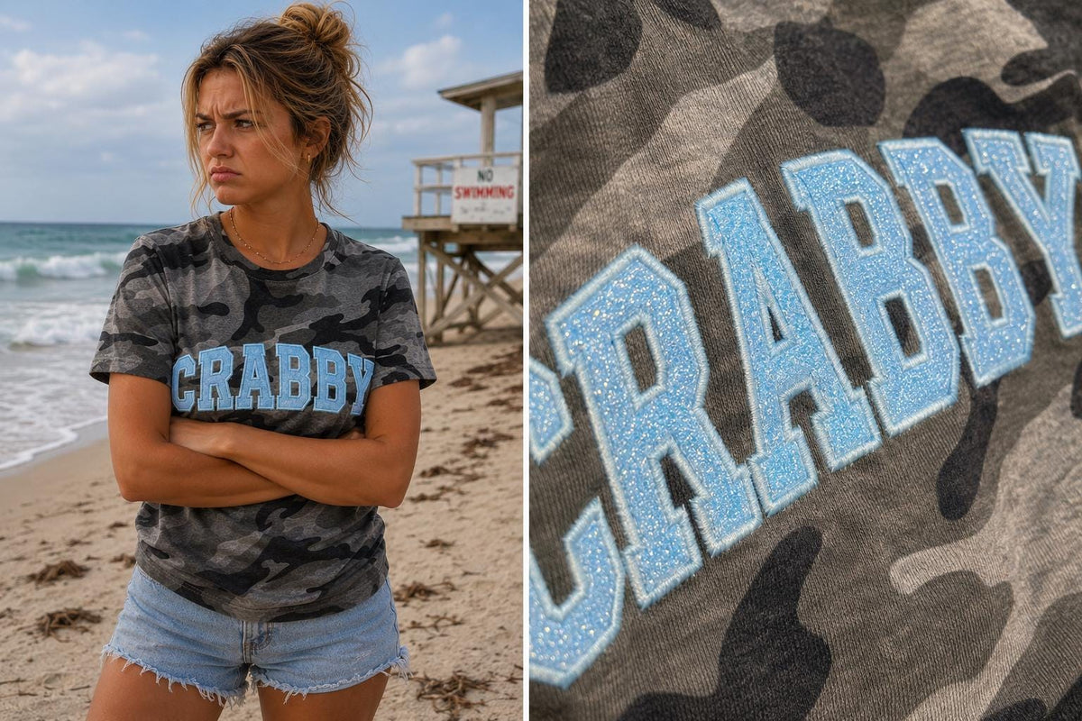 Embroidered Blue glitter Camo Shirt | bad mood - Appliqué Shirt | Moody Beach  Tee |- ranch bling cowgirl - Fishing - crabbing