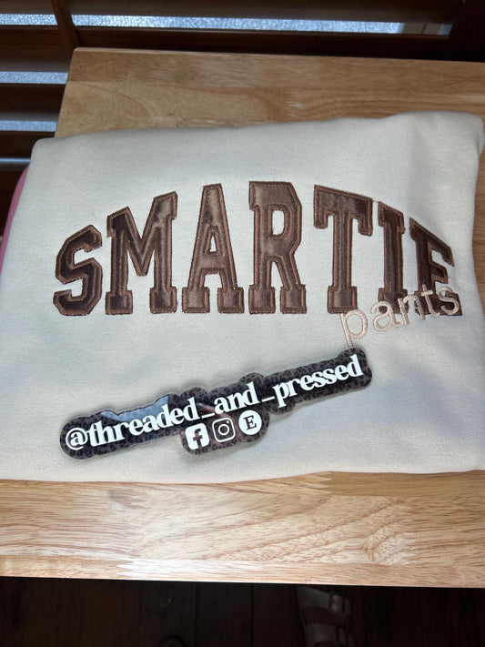 Smartie Pants Satin Appliqué Sweatshirt - sarcastic- intelligent- sassy - funny saying- MEDIUM - sand color