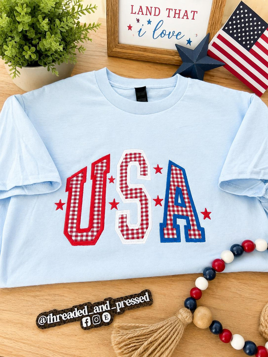 Embroidered USA red gigham top - America - 4th of July - Memorial Day - Red White & Blue - BBQ - Backyard party - Veterans Day -