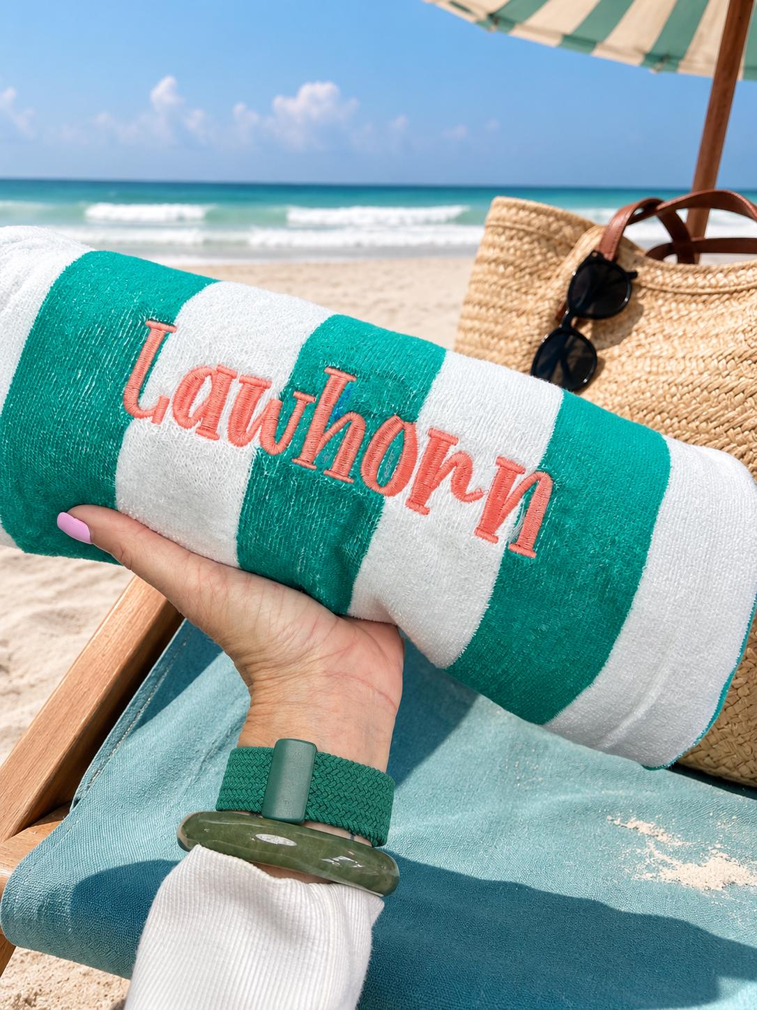 Personalized Beach Towel | Custom Embroidered Cabana Stripe Towel - Family Vacation -Field Trip- School - Teens - Graduates