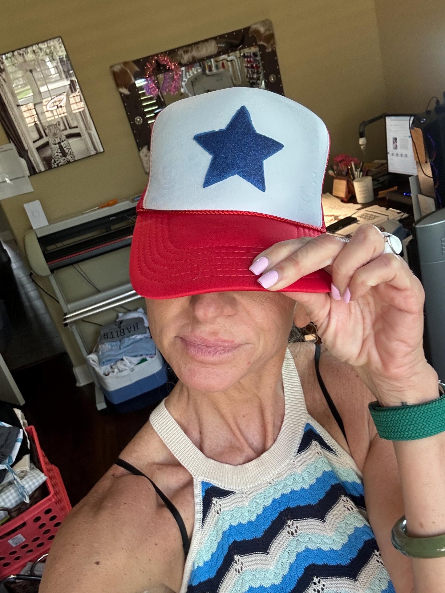 Puff Blue Glitter Vinyl star - Red split Foam trucker cap - USA - 4th of July - Independence- 1776 - 250 years - simple USA hat -