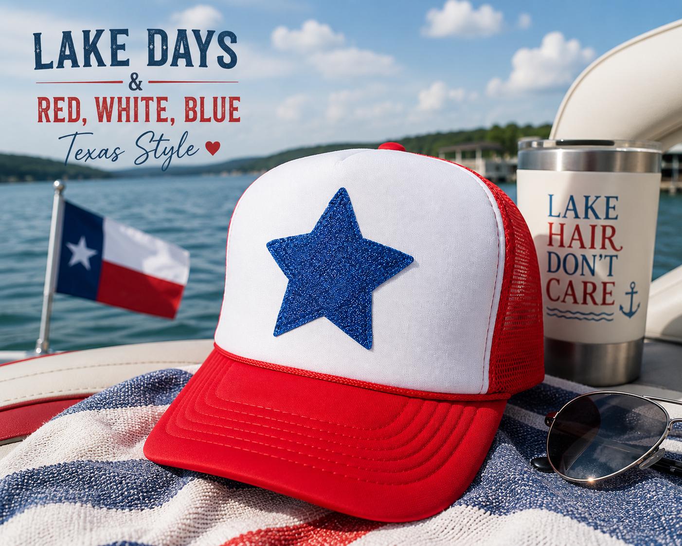 Puff Blue Glitter Vinyl star - Red split Foam trucker cap - USA - 4th of July - Independence- 1776 - 250 years - simple USA hat -