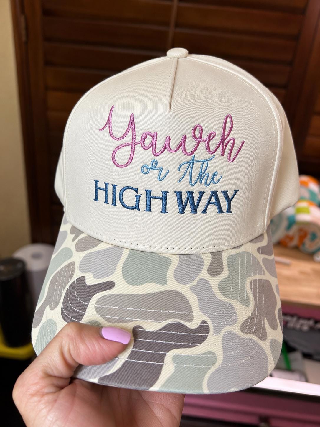 EmbroideredYahweh or the Highway Hat | Christian Trucker Hat | Faith -Camo Cap | Bible Study Hat | Womens Christian Gift | Boutique