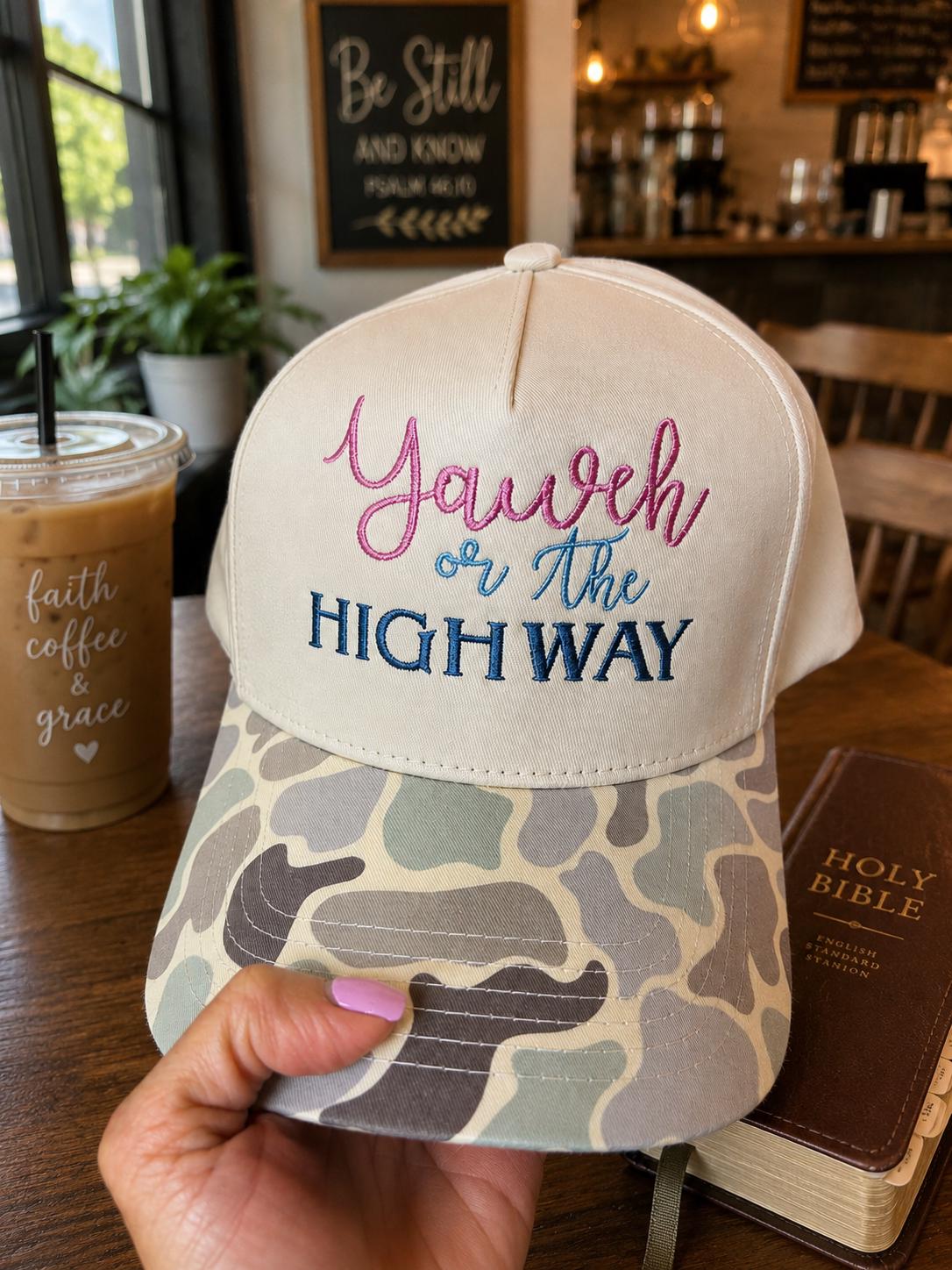 EmbroideredYahweh or the Highway Hat | Christian Trucker Hat | Faith -Camo Cap | Bible Study Hat | Womens Christian Gift | Boutique