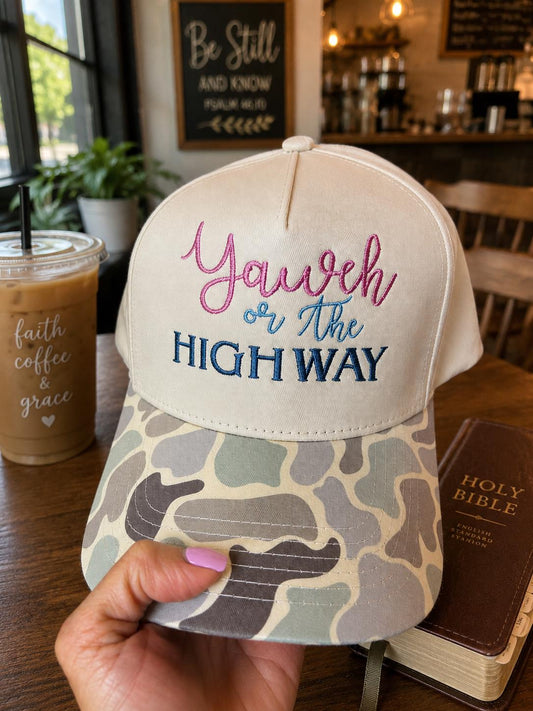 EmbroideredYahweh or the Highway Hat | Christian Trucker Hat | Faith -Camo Cap | Bible Study Hat | Womens Christian Gift | Boutique