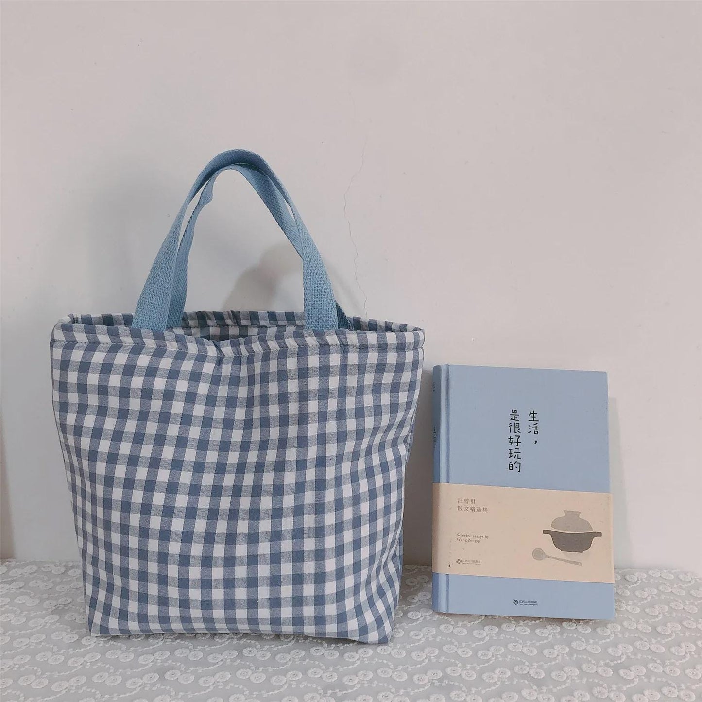 PERSONALIZED - Insulated Cotton Fabric Gingham Plaid lunch bag - box - Zipper - Picnic - Tote for office - kids - work - Bento ** PRESALE**
