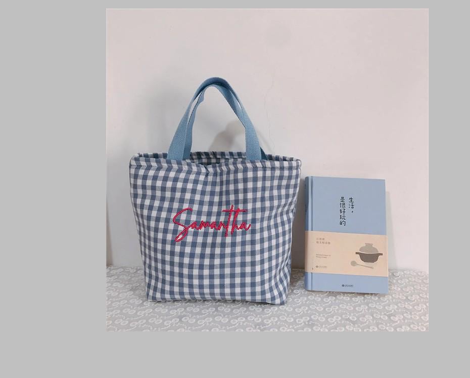 PERSONALIZED - Insulated Cotton Fabric Gingham Plaid lunch bag - box - Zipper - Picnic - Tote for office - kids - work - Bento ** in stock**