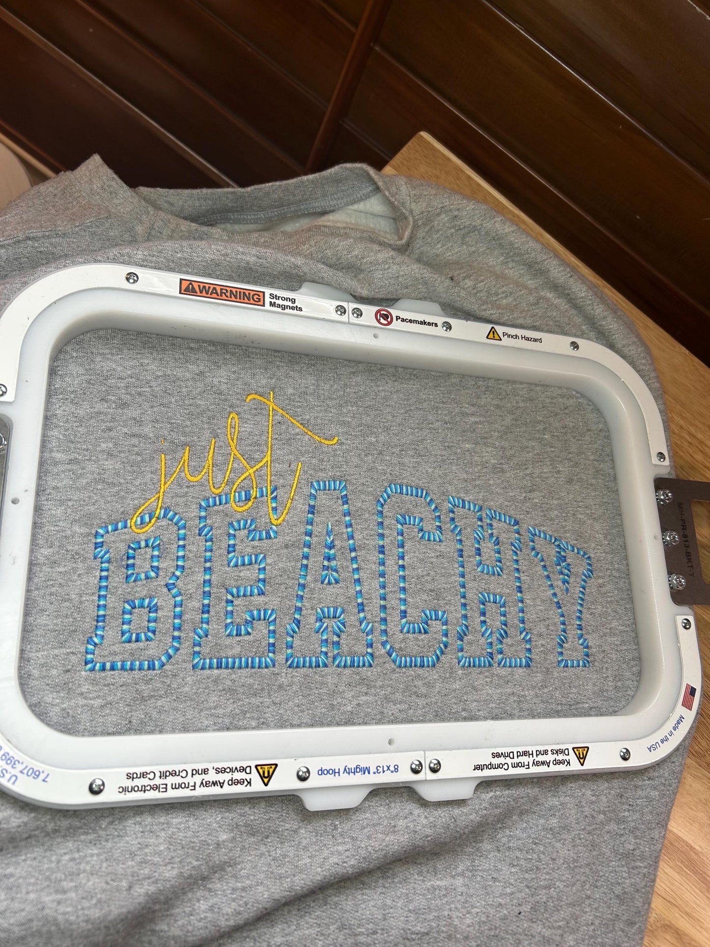 Embroidered Just Beachy sweatshirt- family vacation- multi color thread - variegated- Beach Day - Coastal Nautical top - trendy style vacay