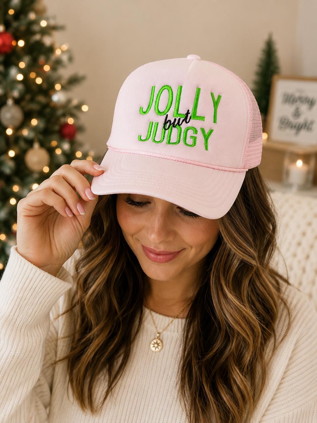 Jolly But Judgy  Embroidered Christmas Trucker Hat | Funny Christmas Foam trucker | shopping  | Pink Christmas - holiday shopping