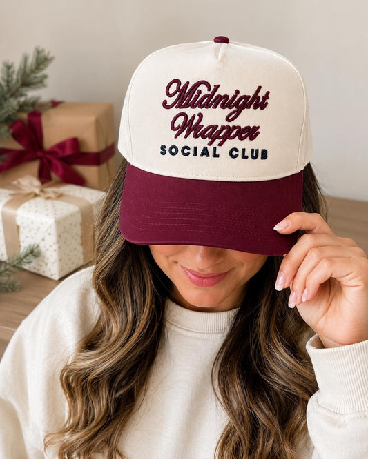 Embroidered Midnight Wrapper Social Club Hat | Funny Christmas Trucker Hat | Embroidered Holiday Cap | Christmas Eve Gift Wrapper