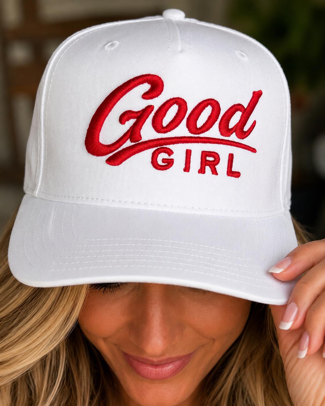 3D Puff embroidered Good Girl  Trucker Hat | Retro Script Baseball Cap | naughty or nice | Christmas - thick writing - Family Christmas