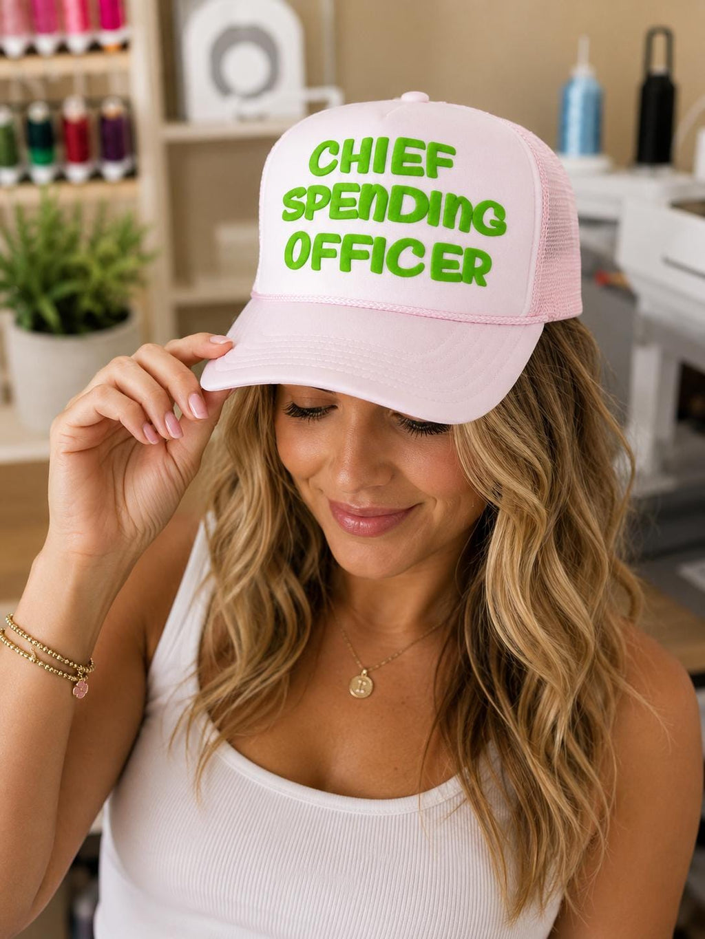 Chief Spending Officer 3D Puff Vinyl Trucker Hat | Funny Womens Foam Trucker Hat | Trendy Pink Snapback | CSO-holiday shopping - gift-giver
