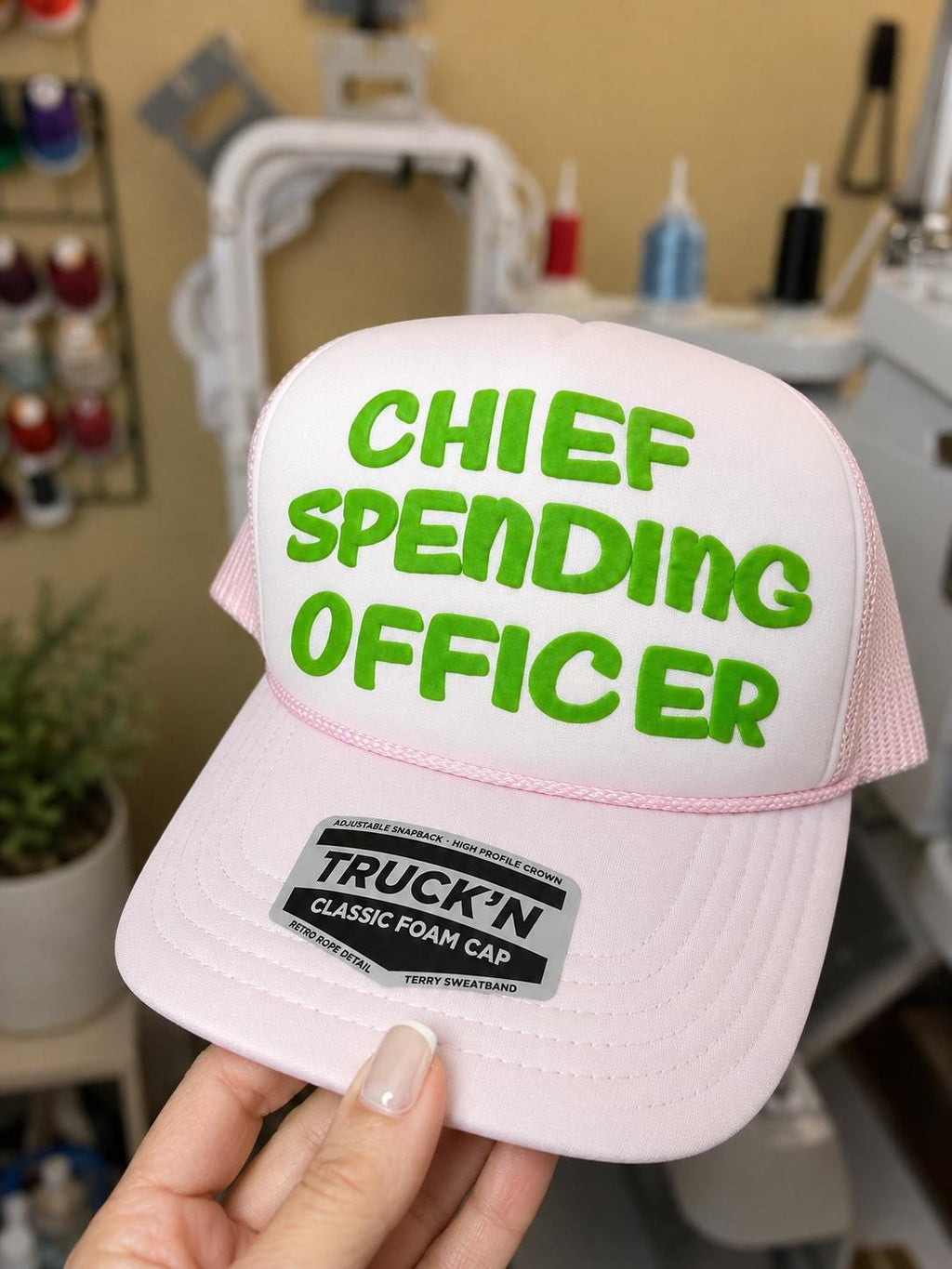 Chief Spending Officer 3D Puff Vinyl Trucker Hat | Funny Womens Foam Trucker Hat | Trendy Pink Snapback | CSO-holiday shopping - gift-giver