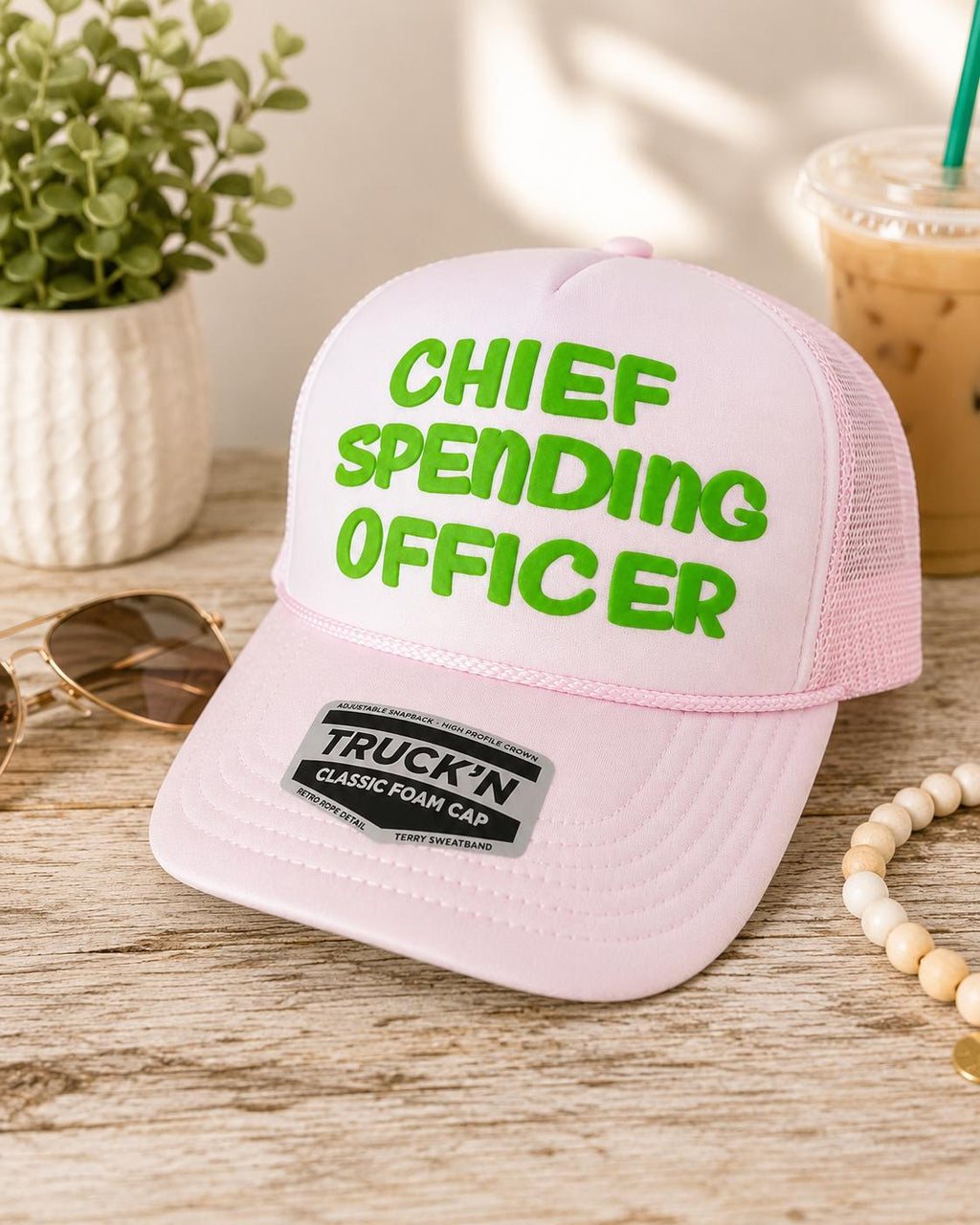 Chief Spending Officer 3D Puff Vinyl Trucker Hat | Funny Womens Foam Trucker Hat | Trendy Pink Snapback | CSO-holiday shopping - gift-giver