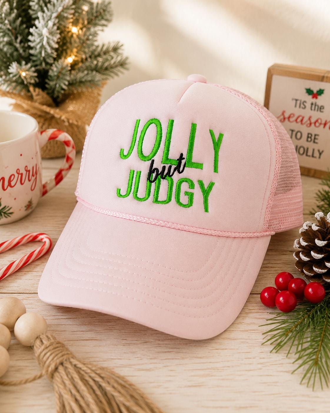 Jolly But Judgy  Embroidered Christmas Trucker Hat | Funny Christmas Foam trucker | shopping  | Pink Christmas - holiday shopping