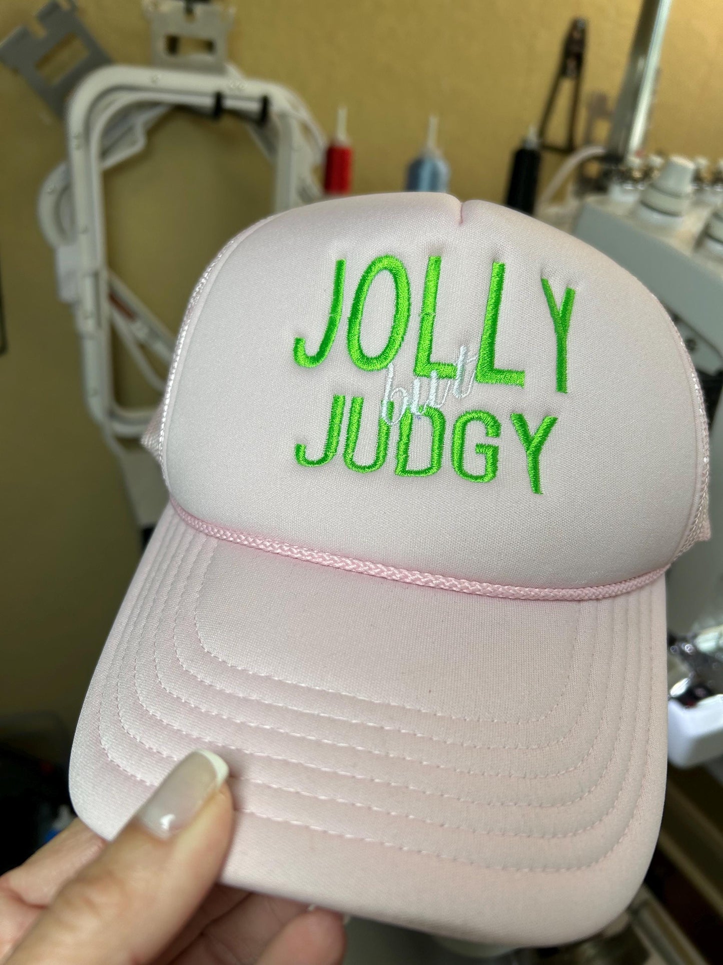 Jolly But Judgy  Embroidered Christmas Trucker Hat | Funny Christmas Foam trucker | shopping  | Pink Christmas - holiday shopping