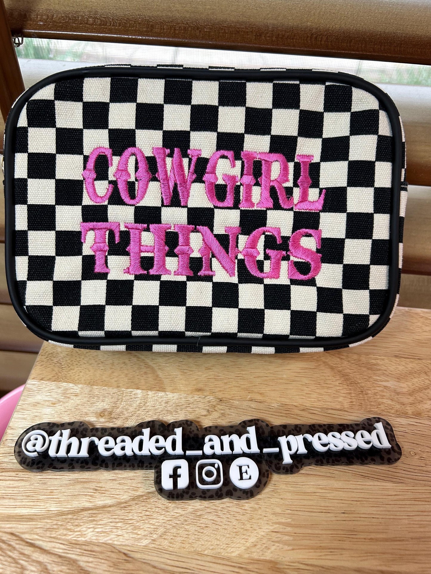 Embroidered Cowgirl Things - checkered pouch - makeup - jewelry - case - teen - mom - daughter - gift- rodeo- horse